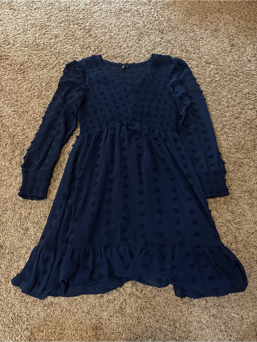 Navy Textured Dot Long-Sleeve Dress